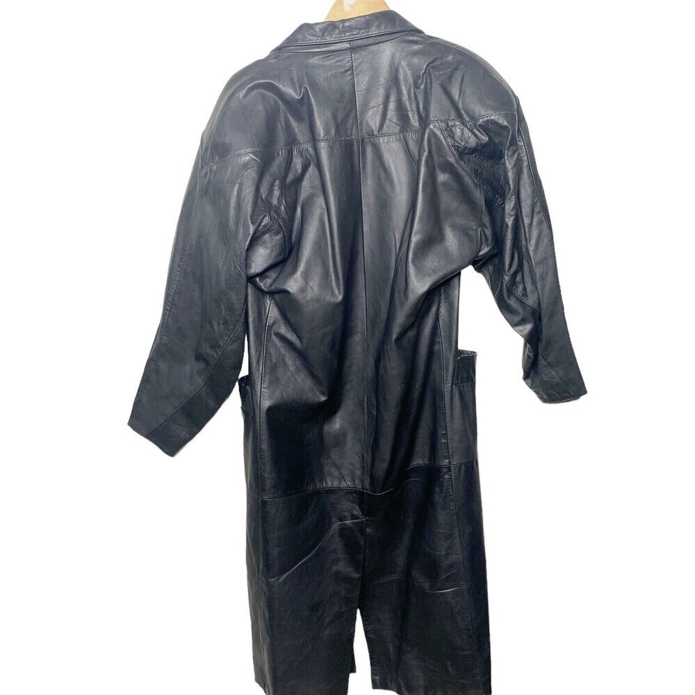 Vtg 80s EXPRESS Black Over Coat Long Trench Leather Jacket SZ ? Large Women - Picture 3 of 14